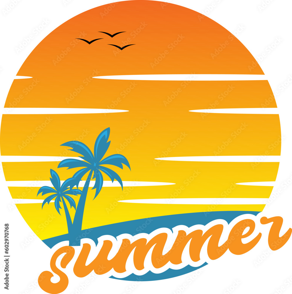 summer, beach, sun and palm tree logo