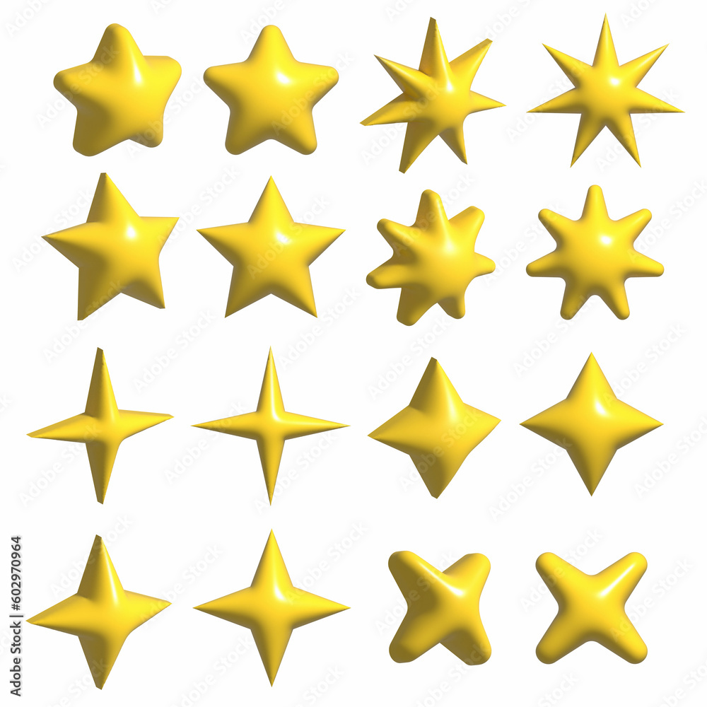 Star icon in 3d style isolated on white background. Plastic volumetric yellow star. Different angles and shape. Star icon in 3d style isolated on white background. Plastic volumetric yellow star. Different angles and shape.