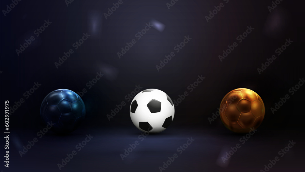 Fototapeta premium Collection of soccer balls isolated on dark background. Set of football balls
