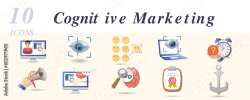 Cognitive marketing set. Creative icons: facial coding, eye-tracking, emotion understanding, pupillometry, scarcity, sensory marketing, nlp, cognitive, reward escalation, anchoring.