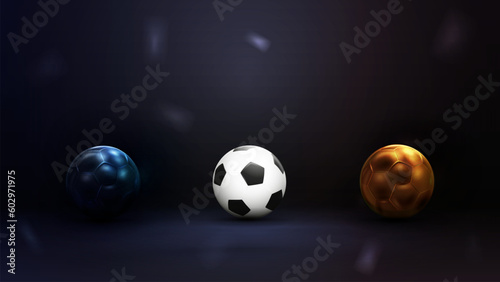 Collection of soccer balls isolated on dark background. Set of football balls