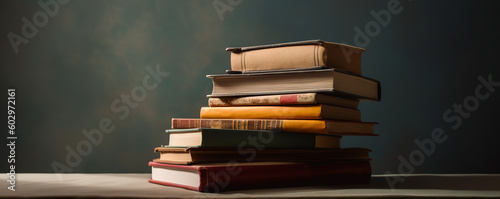 stack of various hardback books on the background of an empty black chalk board