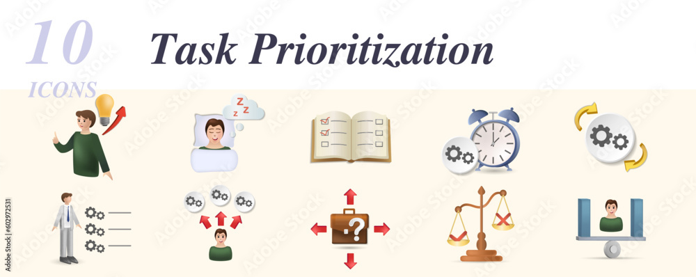 Task prioritization set. Creative icons: potencial, good sleep, planning, time control, automatism, experience, skills, career choice, priorities, balance, organization.