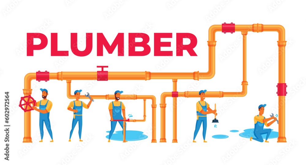 a group of male workers fixing pipe structures with various tools and moves, plumber set a group of male workers fixing pipe structures with various tools and moves, plumber set