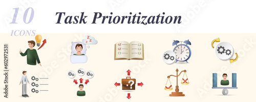 Task prioritization set. Creative icons: potencial, good sleep, planning, time control, automatism, experience, skills, career choice, priorities, balance, organization.