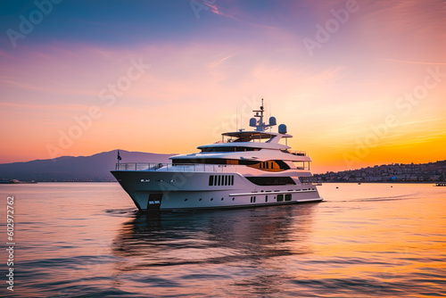 Luxury yacht sailing in the ocean on summer vacation at sunset. Generative AI © MVProductions