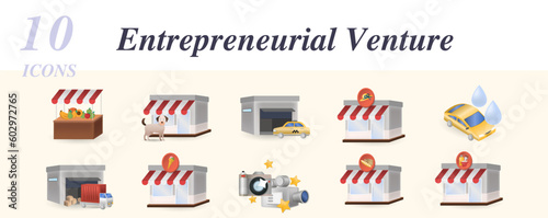 Enterpreneurial venture set. Creative icons: market, pet shop, taxi station, clothing market, car wash, delivery, ice cream shop, photo studio, bakery, beauty saloon.