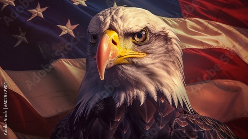 American eagle on the background of the flag of the United States of America. Generative AI.