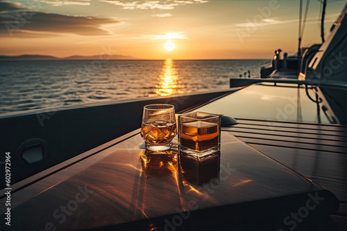 View from a table with whiskey from luxury yacht in sunset. Having fun on luxury boat sailing in the ocean on summer vacation. Generative AI photo