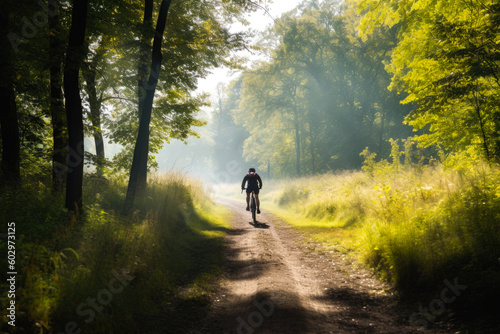 Cyclist cycling in rural area. Cyclist in motion. Young sport man rides along countryside road. Generative AI © MVProductions