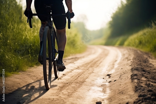 Cyclist cycling in rural area closeup. Cyclist in motion. Young sport man rides along countryside road. Generative AI