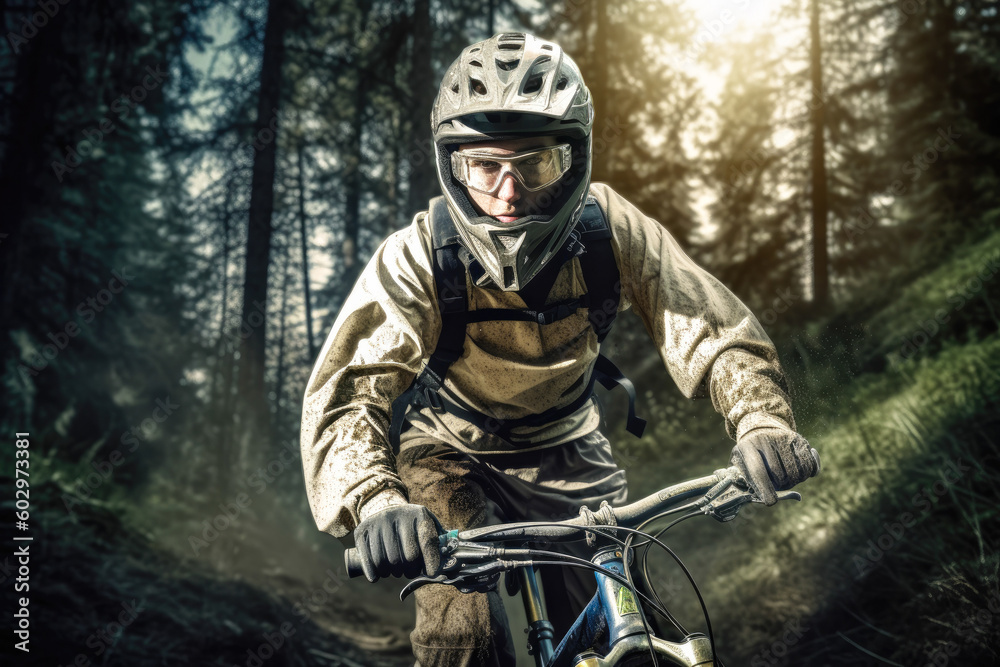 Cyclist on mountain bike riding down a hill, closeup. Generative AI Cyclist on mountain bike riding down a hill, closeup. Generative AI