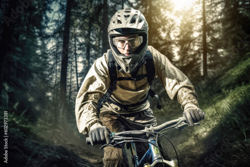 Cyclist on mountain bike riding down a hill, closeup. Generative AI © MVProductions