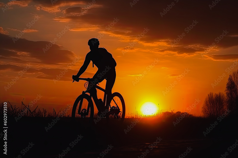 Obraz premium Cyclist on mountain bike riding silhouette in red sunset light. Cyclist in motion. Young sport man rides along countryside road. Generative AI