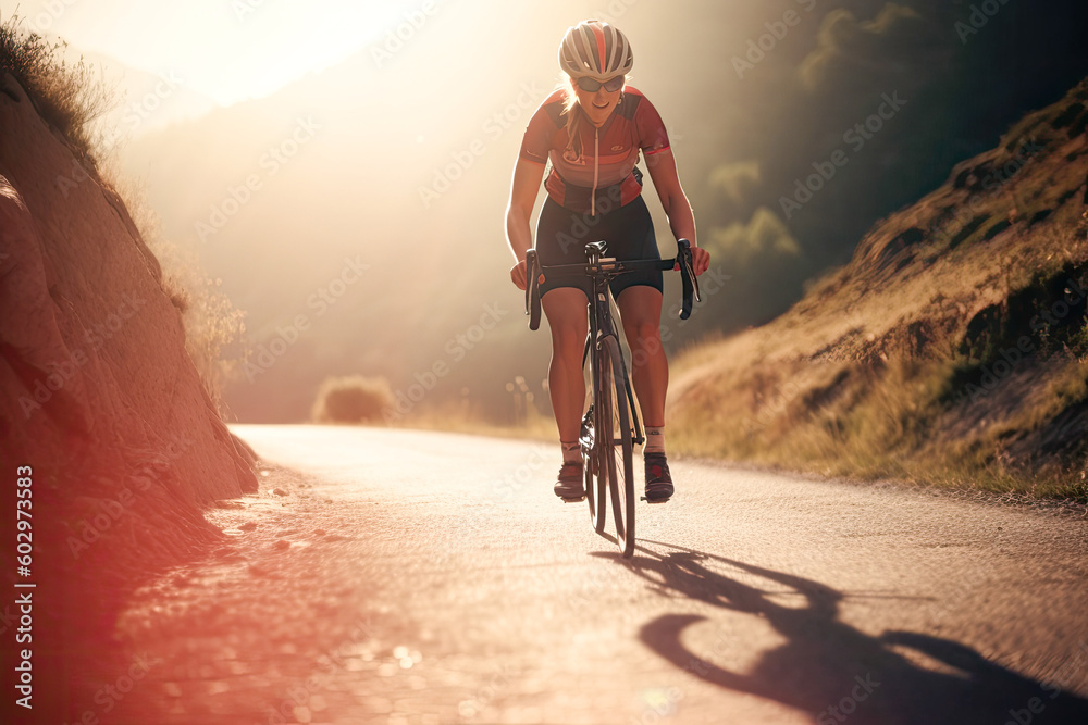Fototapeta premium Female cyclist cycling uphill on sunny mountain road closeup. Cyclist in motion. Young sporty active woman rides along countryside road. Generative AI