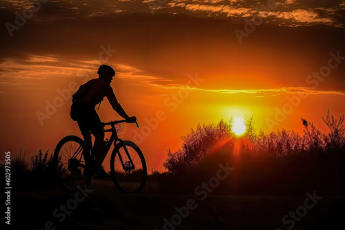 Wallpaper Mural Cyclist on mountain bike riding silhouette in red sunset light. Cyclist in motion. Young sport man rides along countryside road. Generative AI Torontodigital.ca
