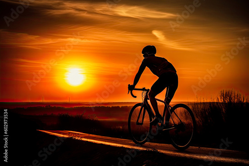 Cyclist on mountain bike riding silhouette in red sunset light. Cyclist in motion. Young sport man rides along countryside road. Generative AI