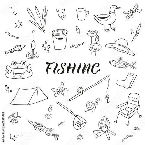 A set of hand drawn elements with inscription on the theme fishing on a white background. Lettering,  sketch, cartoon style. Design for posters, card.