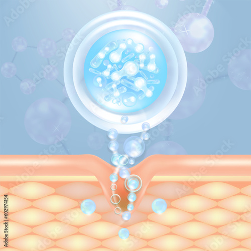 Probiotic and Hyaluronic acid skin solutions ad, blue collagen, and vitamin serum drops with cosmetic advertising background ready to use illustration vector.