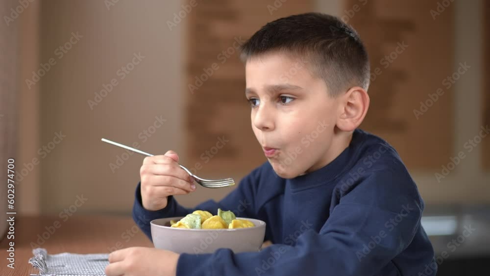 Portrait of brunette boy with brown eyes eating tasty dumplings in cafe. Caucasian kid enjoying tasty dinner with satisfied facial expression Portrait of brunette boy with brown eyes eating tasty dumplings in cafe. Caucasian kid enjoying tasty dinner with satisfied facial expression