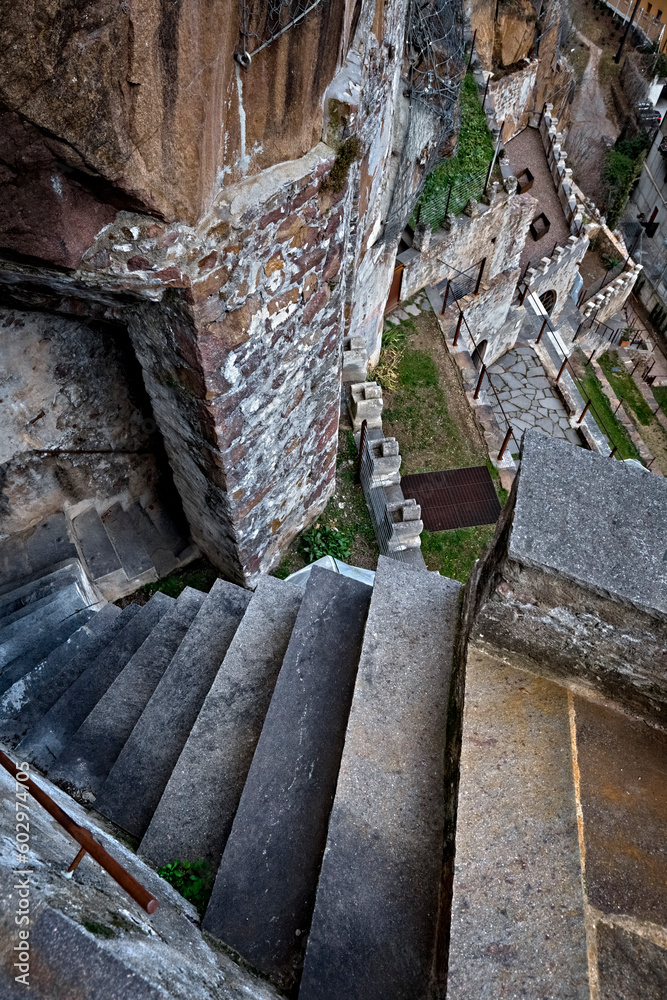 Stairways and structures of the Ciucioi garden. Lavis, Trentino, Italy.
