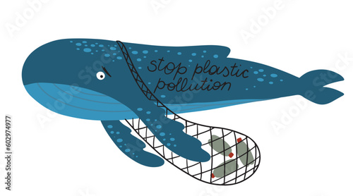Hand drawn sad blue whale stuck in the fishing net with plastic bottles, environmental damage concept. Isolated vector illustration