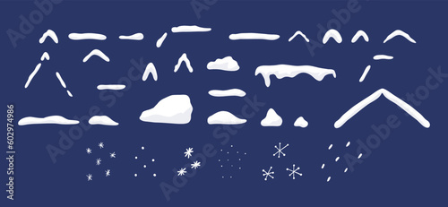 Set of snow piles, snow caps and snowflakes - cartoon flat vector illustration isolated on blue background. Collection of hand drawn snowfall winter elements.