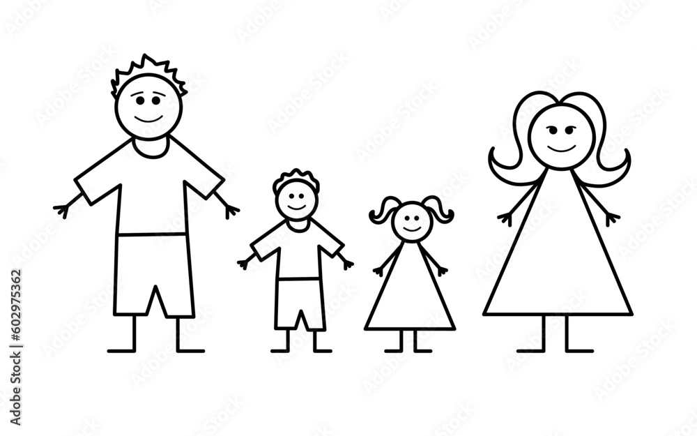 Kids, childrens sketch, doodle drawing of family with dad, mom, son and daughter. Family vector illustration. Kids, childrens sketch, doodle drawing of family with dad, mom, son and daughter. Family vector illustration.