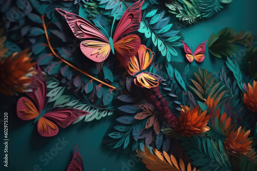 Floral pattern with colorful butterflies illustration background. Wall mural in the interior  textiles  fabric background. Generative AI