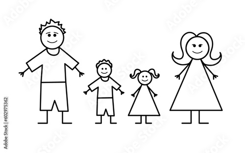 Kids, childrens sketch, doodle drawing of family with dad, mom, son and daughter. Family vector illustration.