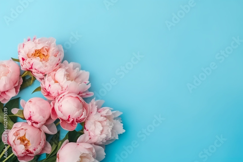 Beautiful blooming peony flowers on color background, top view