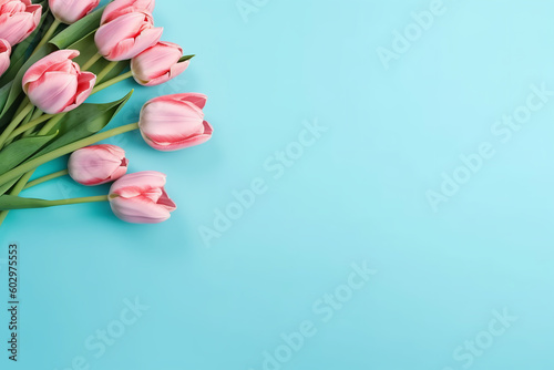 Bouquet of beautiful tulips on blue background, 8 march, woman's day, mother's day concept banner with empty space for text