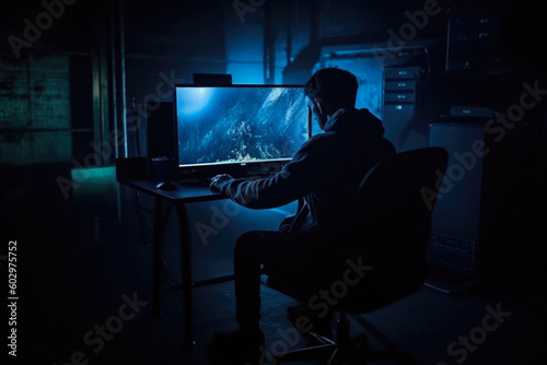 A Man In A Dark Room Behind A Bright Blue Computer Screen With A Crooked Back Created With The Help Of Artificial Intelligence