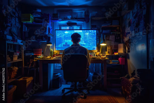 A Man In A Dark Room Behind A Bright Blue Computer Screen With A Crooked Back Created With The Help Of Artificial Intelligence