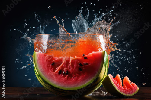 A ripe and juicy slice of watermelon, with splashes and drops. Beautiful splashes of watermelon juice isolated on a dark black background. Generative AI professional photo imitation