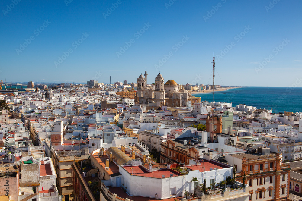 View from Torre Tavira tower to Cadiz Cathedral, Spain