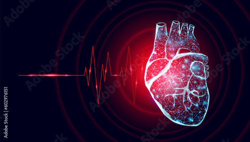 Human heart wireframe. World heart day concept. Banner template glowing low poly. Futuristic modern abstract. Isolated on dark background. Vector illustration.
