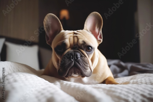 Cute dog lies on the bed in the cozy bedroom. Generative AI.  © julijadmi