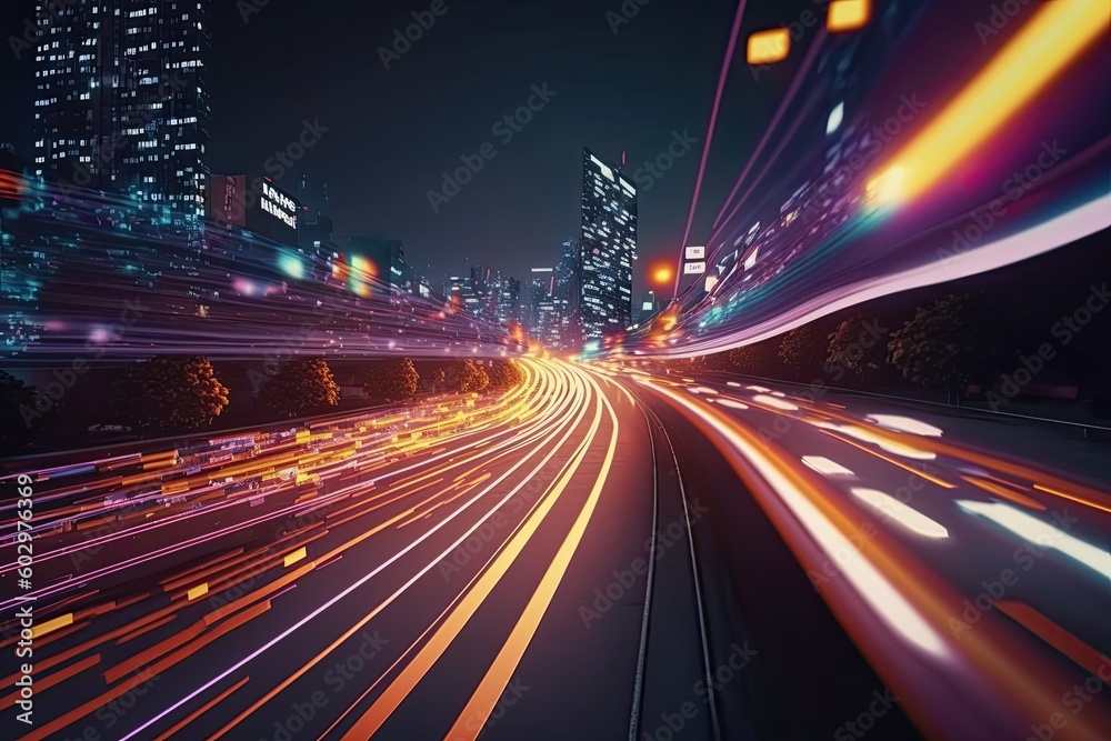 High speed data neon moving fast into smart city. Technology background. Generative AI