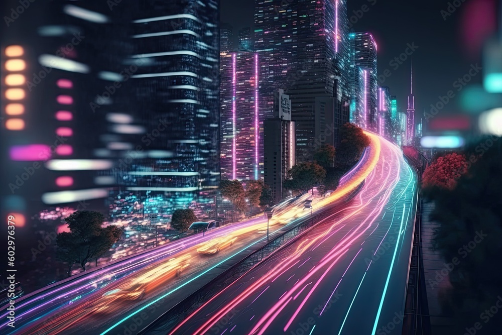 High speed data neon moving fast into smart city. Technology background. Generative AI High speed data neon moving fast into smart city. Technology background. Generative AI