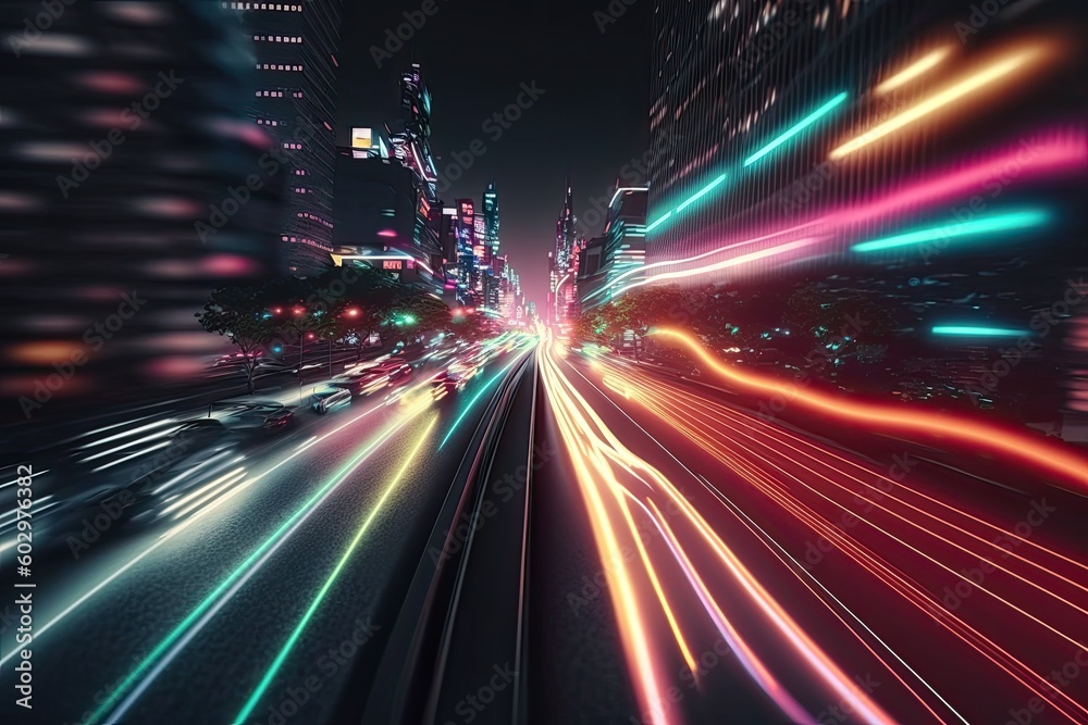 High speed data neon moving fast into smart city. Technology background. Generative AI High speed data neon moving fast into smart city. Technology background. Generative AI