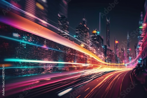 High speed data neon moving fast into smart city. Technology background. Generative AI