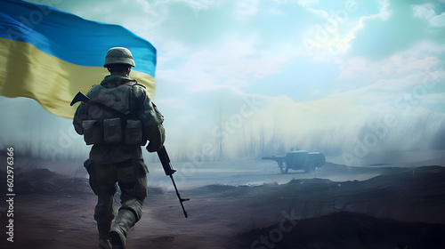 ukrainian at war soldier walking in the field, ukrainan flag background photo