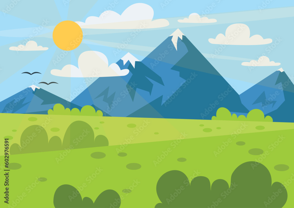 Summer landscape. Beautiful background. Mountains, plain, bushes, sky, sun and clouds. Vector graphic.