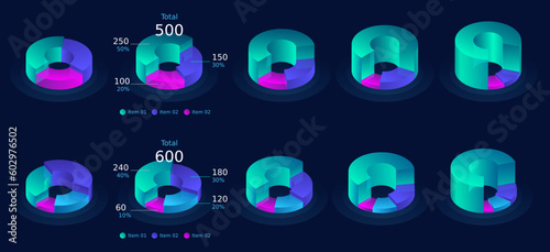Collection of vector 3d circle pie chart infographic templates, 3d pie chart with 3, 4 sections and different ratios.