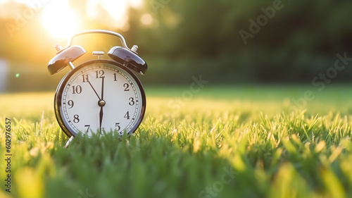 Retro alarm clock on the grass in the sunlight, empty space for text