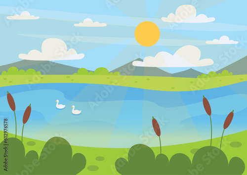 Summer landscape. Beautiful background. Lake, hills, swans, reeds, bushes, sky, sun and clouds. Vector graphic.