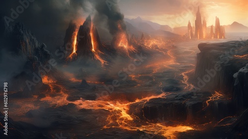 Desolate Volcanic Wasteland, Fantasy Background, Concept Art, Digital Illustration, Generative AI