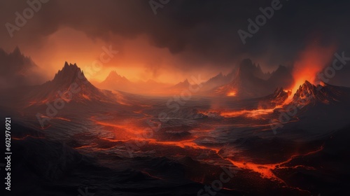 Desolate Volcanic Wasteland, Fantasy Background, Concept Art, Digital Illustration, Generative AI