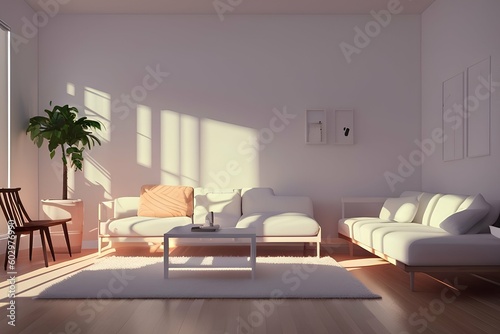 White minimalist living room interior with sofa on wooden floor, white landscape in window. neon light interior. - generative ai 
